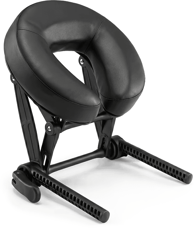 The Bed Cradle: black padded face cushion on two ratchet arms that slide under a mattress