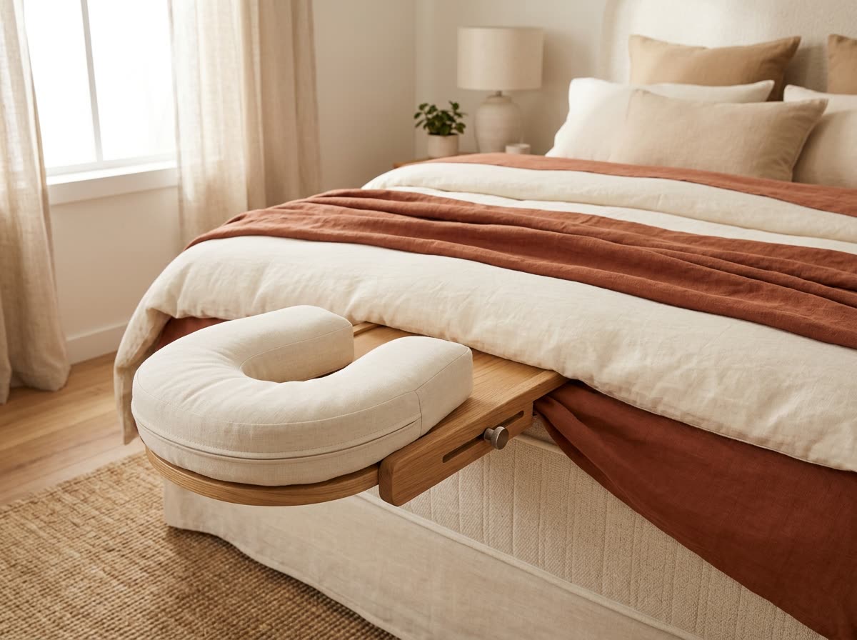 Padded massage face cradle fitted at the head end of a bed